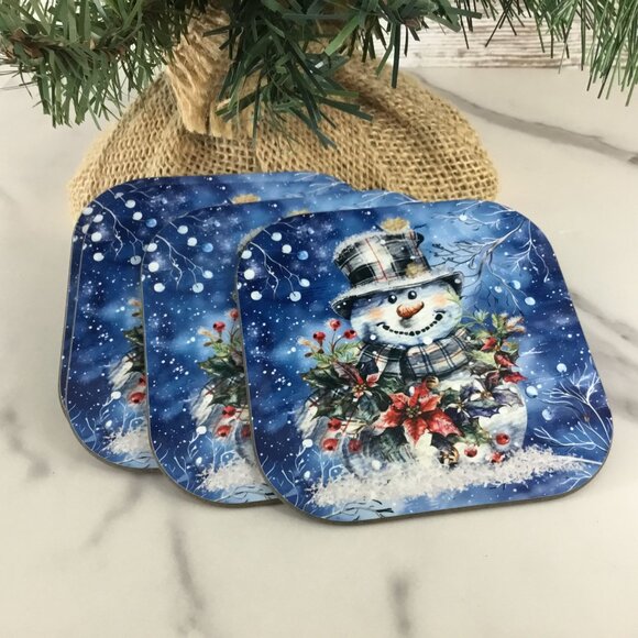 Snowman Hardboard Coasters Plaid Top Hat, Wintery Blue Background Set of 4 - Picture 7 of 7